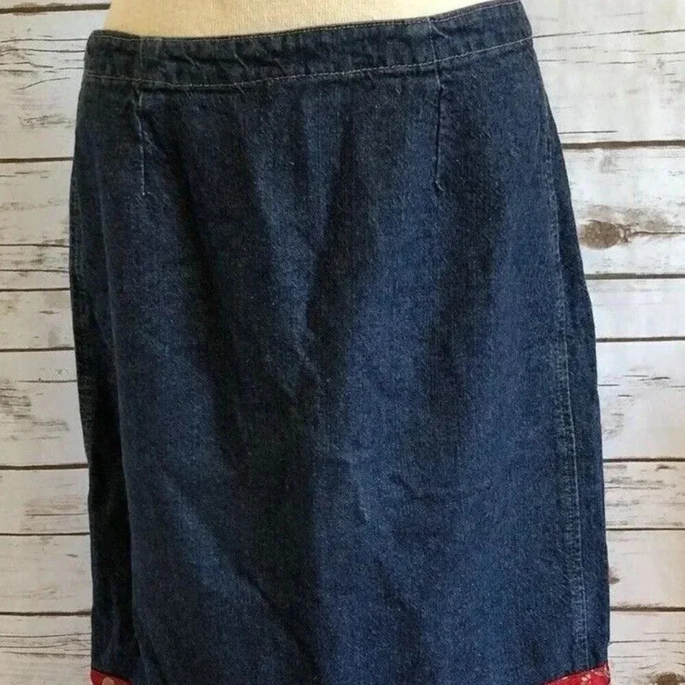 SUBURBAN GIRL Women Blue Denim Red Trim Cotton Straight Mid Calf Skirt Sz Small